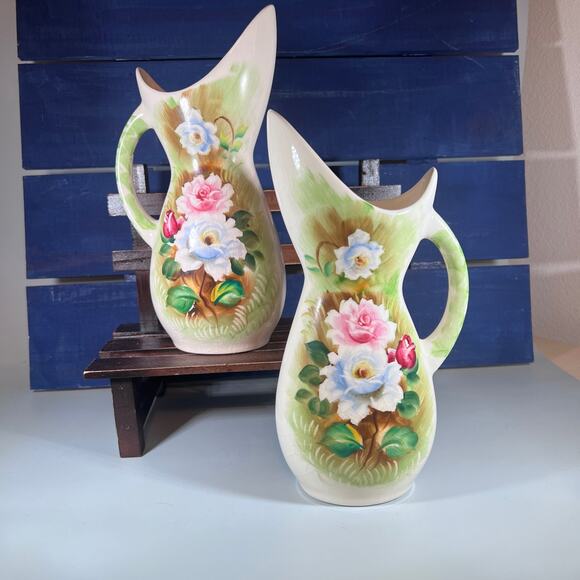 Vintage Hand Painted Ucagco Pitchers Set of 2 Floral Design Garden Colonial Gift - Picture 1 of 7